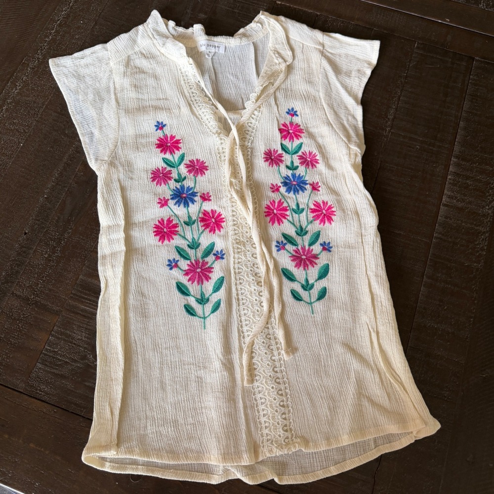 Blu Pepper Embroidered Boho Top Women's S Cream Floral Lace Crinkle Gauze